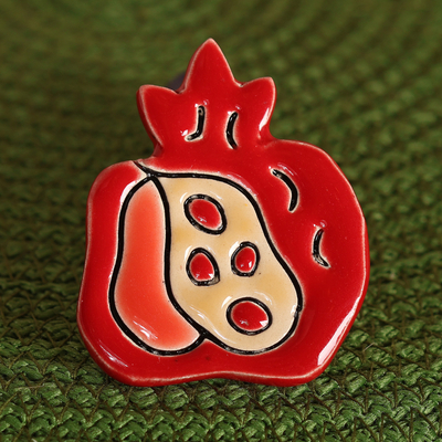 Classic Glazed Red Pomegranate-Themed Ceramic Brooch Pin