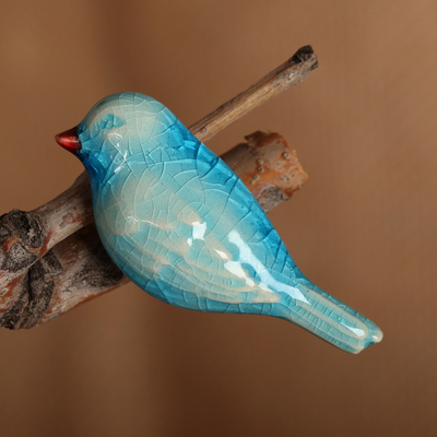 Crackled Handmade Bird-Shaped Aqua Blue Ceramic Brooch Pin