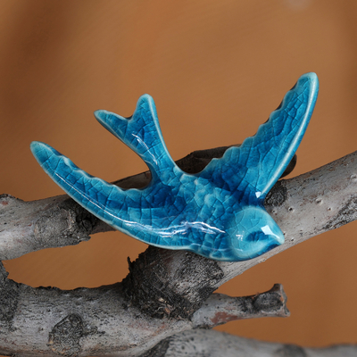 Handcrafted Crackled Bird-Themed Blue Ceramic Brooch Pin