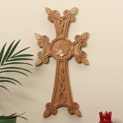 Light Brown Floral Beech Wood Cross Hand-Carved in Armenia