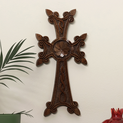 Dark Brown Floral Beech Wood Cross Hand-Carved in Armenia