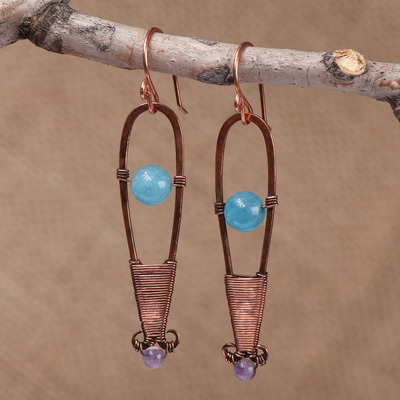 Antiqued Copper Natural Apatite and Amethyst Dangle Earrings