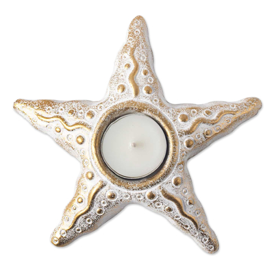 Gold Whitewash Starfish Pair of Tealight Candle Holders