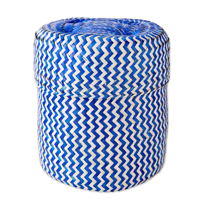 Blue Handwoven Palm Leaf Basket from Mexico