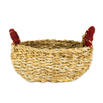 Natural Handwoven Basket with Upcycled Sari Fabric