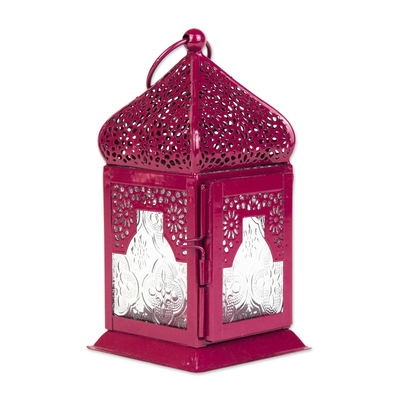 Small Hanging Lantern in Maroon with Decorative Glass
