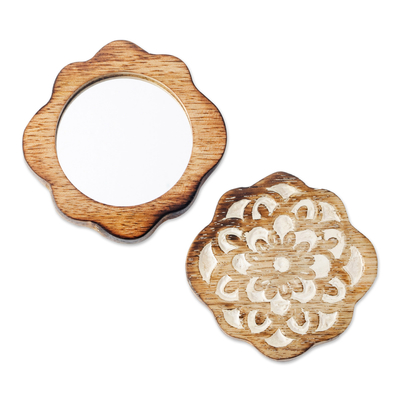 Hand Carved Floral Wooden Hand Mirror from India