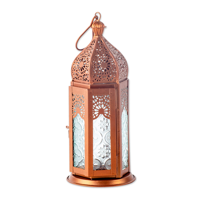 Copper Toned and Decorative Glass Lantern