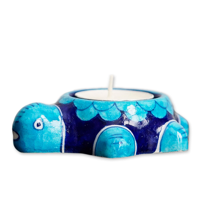 Blue Ceramic Turtle Tea Light Candleholder from India