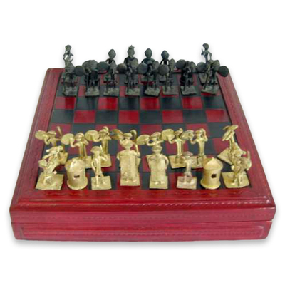 Handcrafted Wood Leather and Brass Chess Set