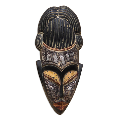 Fair Trade Brown and Black Wood Wall Mask with Brass Accents