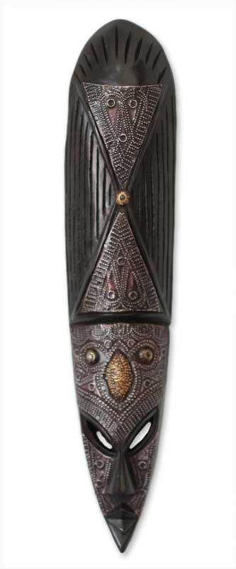 Handmade Black Wood Wall Mask with Aluminum Accents from Ghana