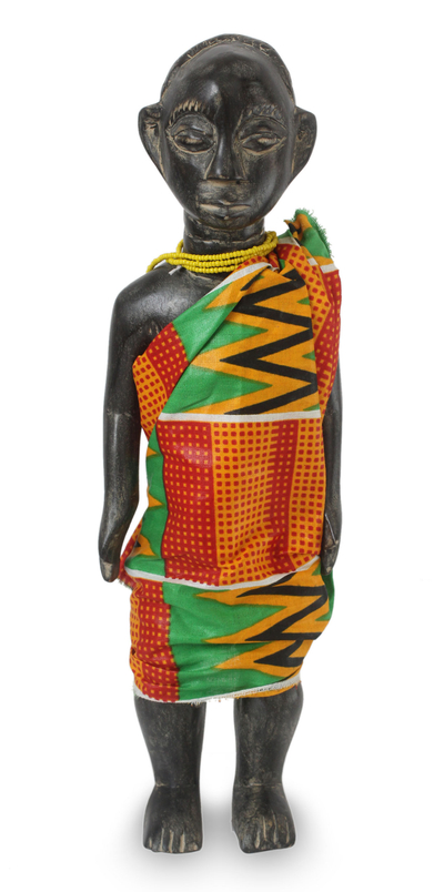 African Wood Sculpture with Cotton Kente