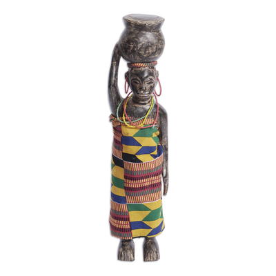 African Wood Sculpture with Cotton Kente