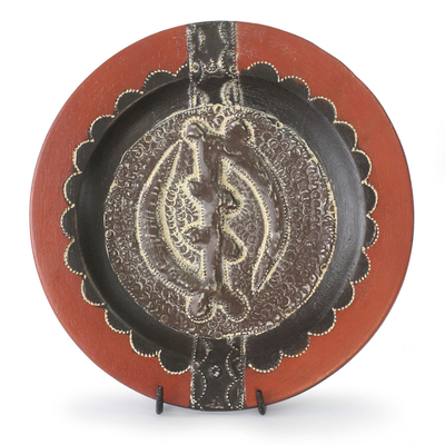 African Decorative Wood Plate and Stand
