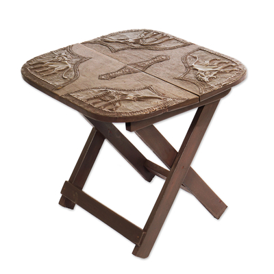 African Hand Crafted Wood and Brass Folding Table 16 in Tall