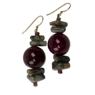 Purple Agate and Soapstone Beaded Earrings from Ghana