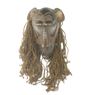 Unique Hand Carved Wood and Jute African Monkey Mask