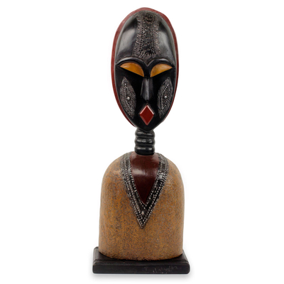 African Tribal Chief Wood Sculpture with Aluminum Accents