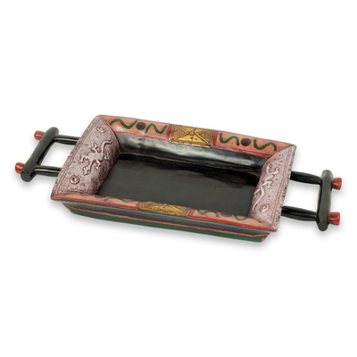 Embossed African Decorative Tray in Wood and Aluminum
