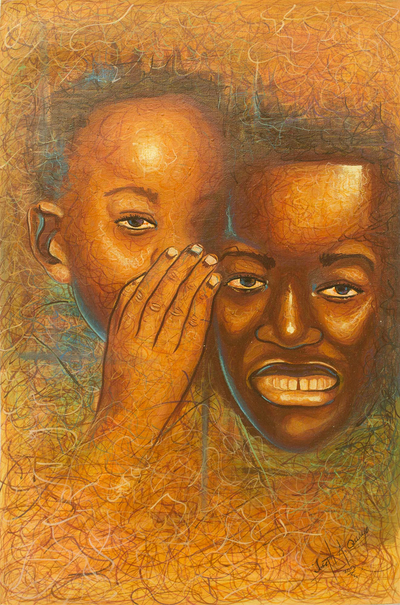Friends Whispering Portrait Signed Painting from Ghana