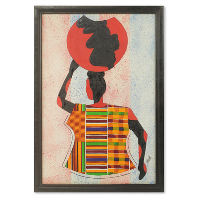 African Kente Cloth Collage Framed Oil Painting