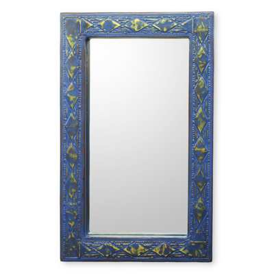 Handcrafted Wall Mirror in Rustic Blue with Brass Inlay