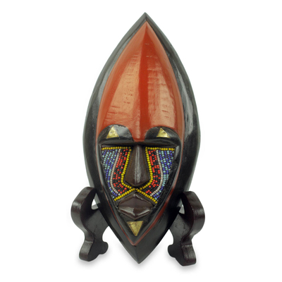 African Wood Mask Carved by Hand with Colorful Beads