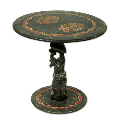 Hand Carved African Accent Table with Adinkra Symbol