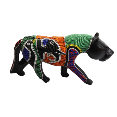 Wood Panther Sculpture with Elephant and Bird Beadwork