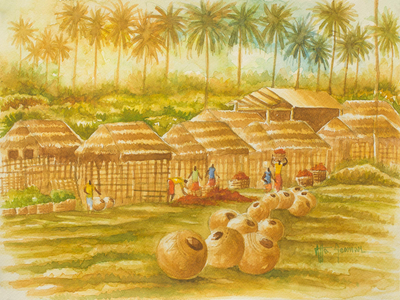 Original African Village Scene Watercolor Painting