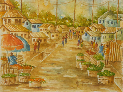 Original Signed Watercolor Painting of an African Town