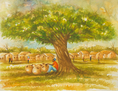 Original Signed Watercolor Painting of an African Village