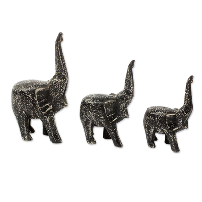 Set of 3 Hand Carved Wood African Elephant Sculptures