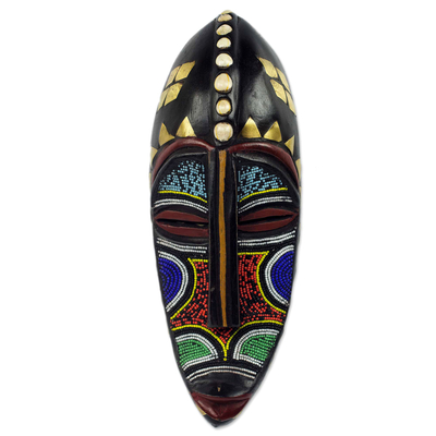 Hand Beaded Brass Inlay African Mask from Ghana