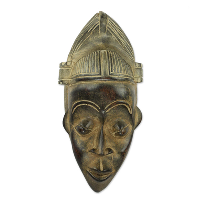 African Wall Mask of Akan Man Hand Carved Wood Art