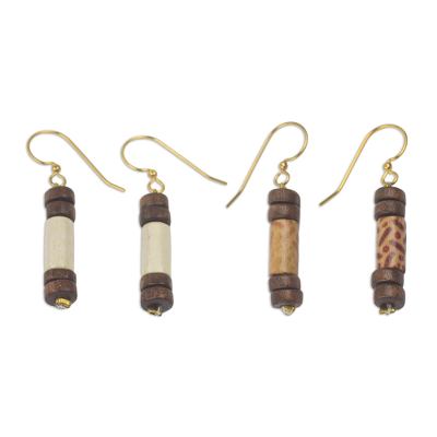 Artisan Crafted Wood Beaded Dangle Earrings (2 Pairs)