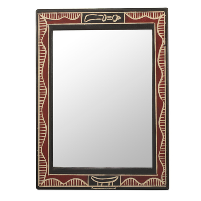 Handmade Red and Black Wood Wall Mirror from West Africa