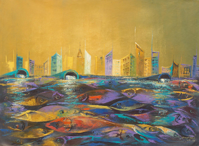 Original Acrylic Painting Fish Cityscape from West Africa