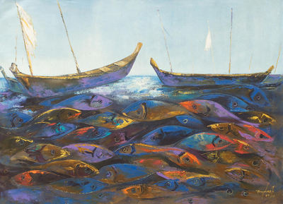 Original Acrylic Painting Fish and Boats from West Africa