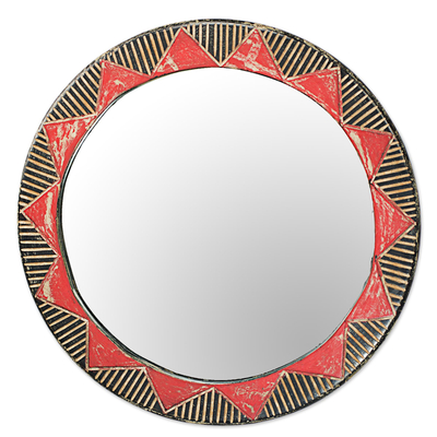 Hand Made Circle Shaped Wood Wall Mirror from West Africa