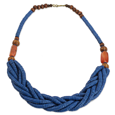 Blue Braided Beaded Necklace Fair Trade Jewelry from Africa