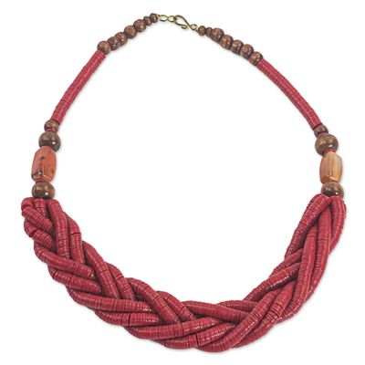 Handcrafted Red Braided Bead Necklace with Wood and Agate