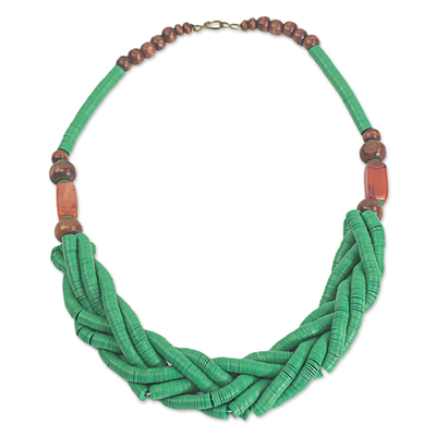 Handcrafted Green Braided Bead Necklace with Wood and Agate