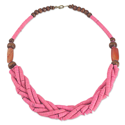 Handcrafted Pink Braided Bead Necklace with Wood and Agate