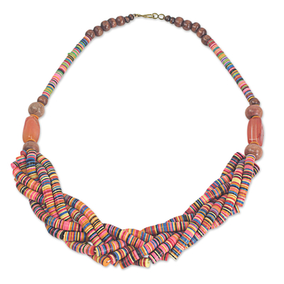 Artisan Multicolor Braided Bead Necklace with Wood and Agate