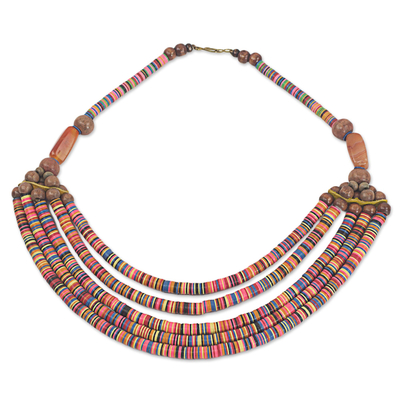 Artisan Multicolor Bead Necklace with Wood Agate and Leather