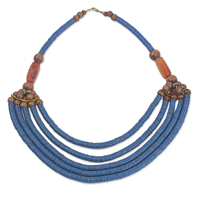 Artisan Blue Bead Necklace with Sese Wood Agate and Leather