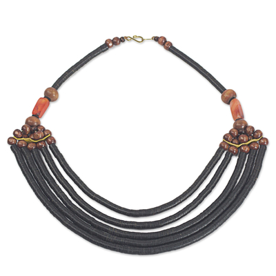 Artisan Black Bead Necklace with Sese Wood Agate and Leather