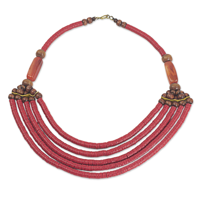 Artisan Red Bead Necklace with Sese Wood Agate and Leather